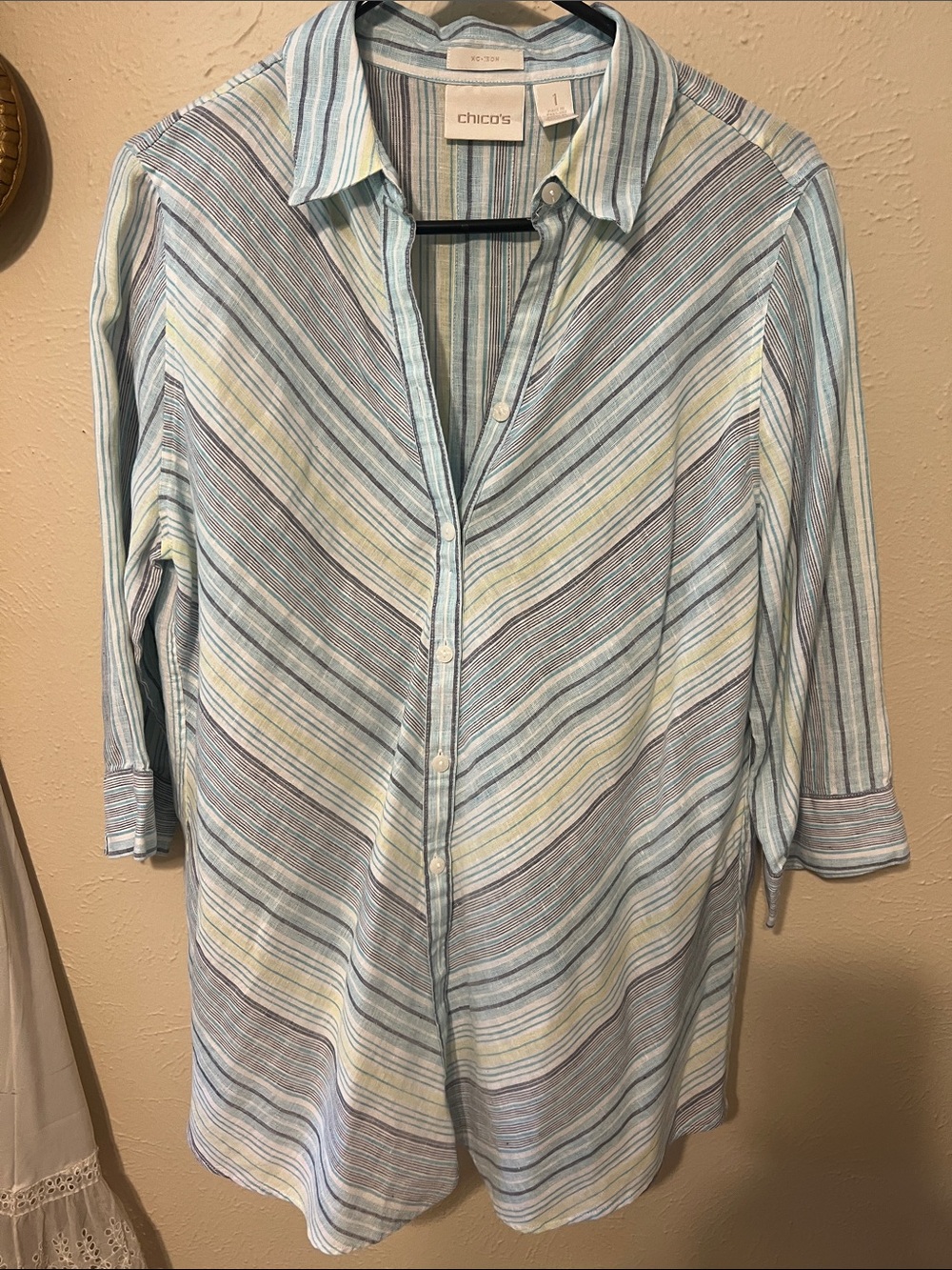 Chico's Pastel Striped Button-Up Shirt in Aqua, White & Light Yellow
